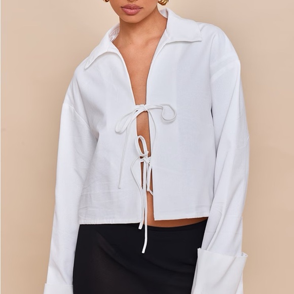 NWT PrettyLittleThing White Tie Front Linen Top - Picture 1 of 3